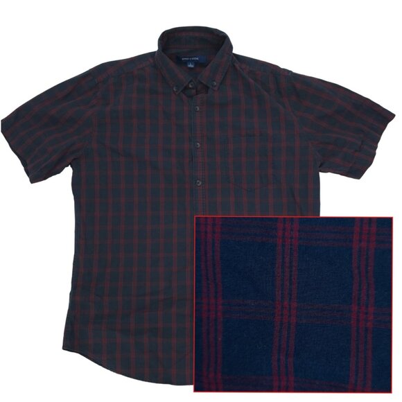 Bowery & Broome Button Shirt Mens Large Navy Blue Red Pocket Short Sleeve Plaid - Picture 1 of 9